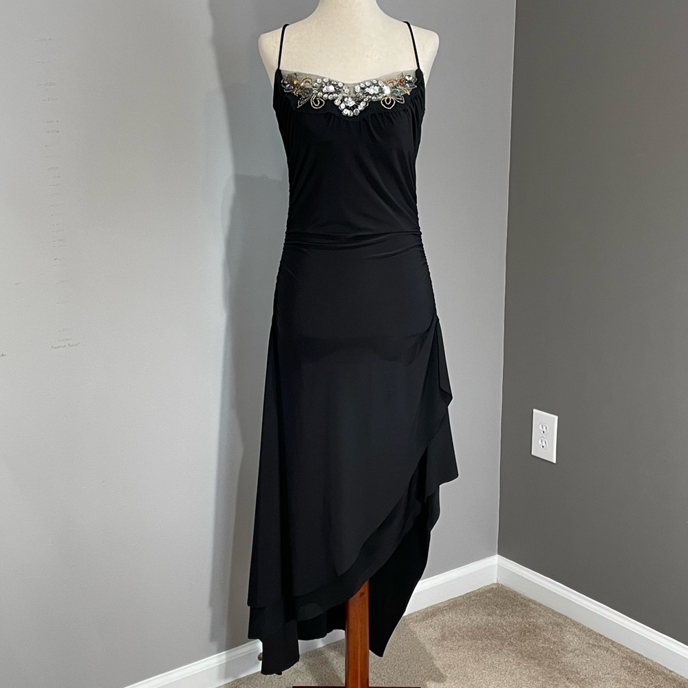 Vintage 80s Kitty Dress Size L Black Asymmetrical Handkerchief Hemline Beaded